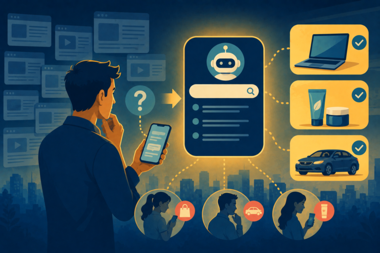 Illustration of a consumer using a mobile phone to get instant brand recommendations, representing AI Search and changing buying habits