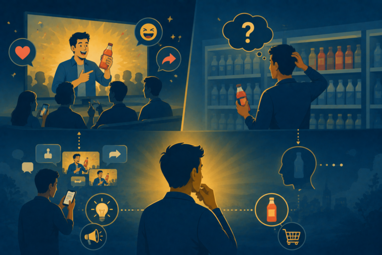Illustration of a consumer remembering a catchy television commercial, representing ad recall and advertising effectiveness.