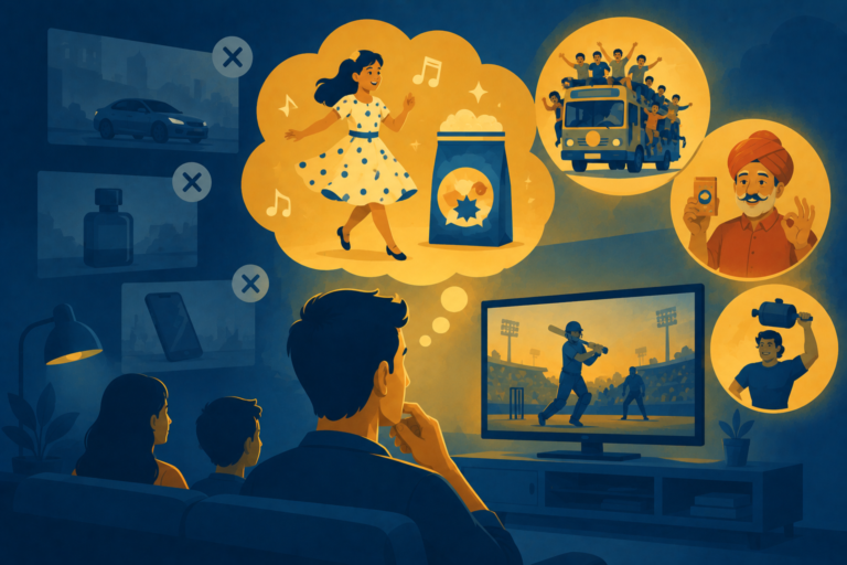 Illustration of a consumer remembering a catchy television commercial, representing ad recall and advertising effectiveness
