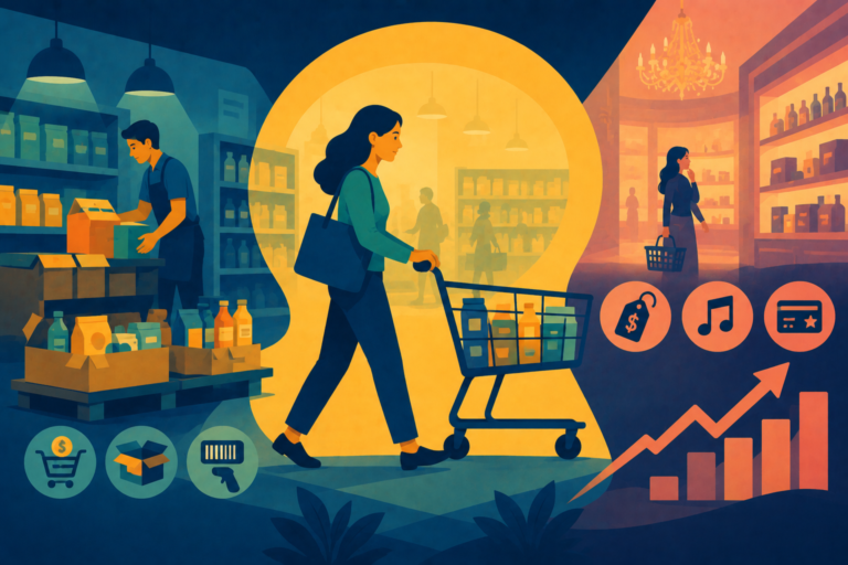 Illustration of a clean, simple supermarket aisle, representing Aldi branding and operational efficiency