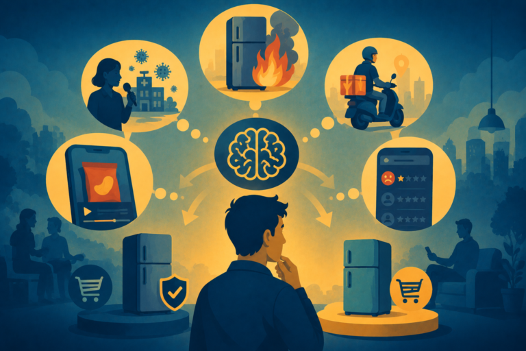 Illustration of a consumer choosing between logical data and a fresh, shocking news story, representing availability bias