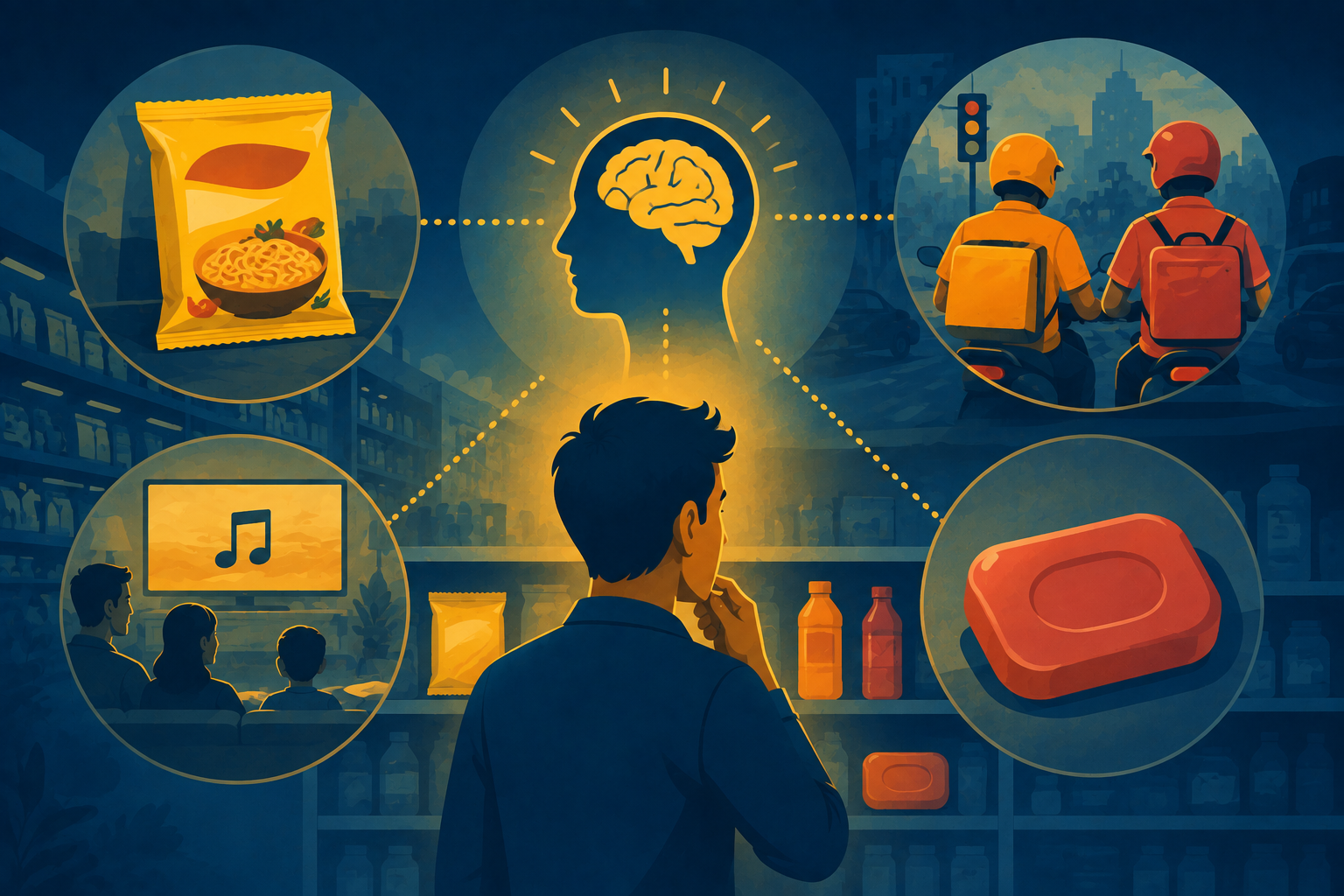 Illustration of a consumer identifying a product by its shape and color, representing brand codes and instant recognition.
