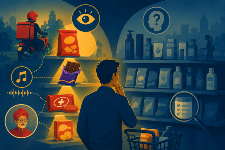 Illustration of a distinct brand color standing out on a crowded retail shelf, representing brand distinctiveness and instant recognition.