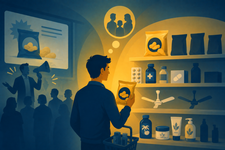 Illustration of a consumer instantly choosing a recognized product on a shelf, representing brand familiarity and trust.