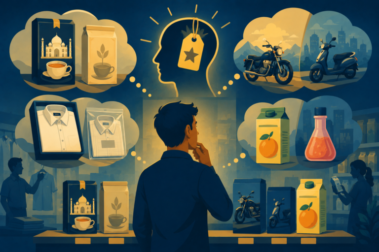 Illustration of product labels and packaging reflecting consumer quality expectations, representing brand naming strategy
