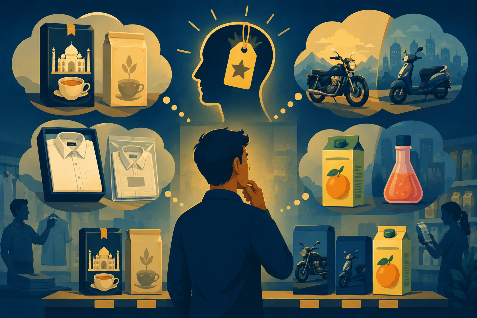 Illustration of product labels and packaging reflecting consumer quality expectations, representing brand naming strategy