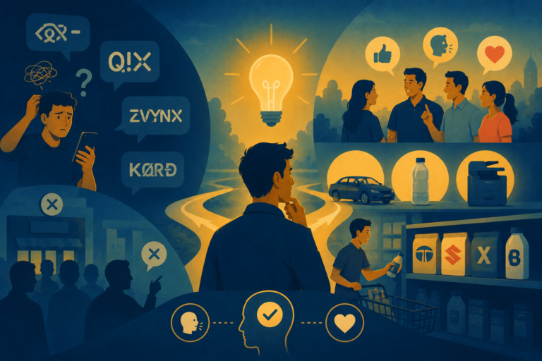 llustration of a clean and memorable startup identity, representing brand naming and consumer psychology