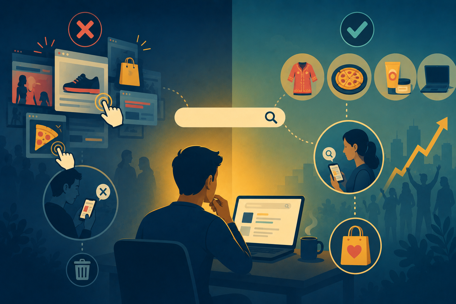 Illustration of a consumer typing a specific company name into a search engine, representing a direct brand search and high buyer intent.