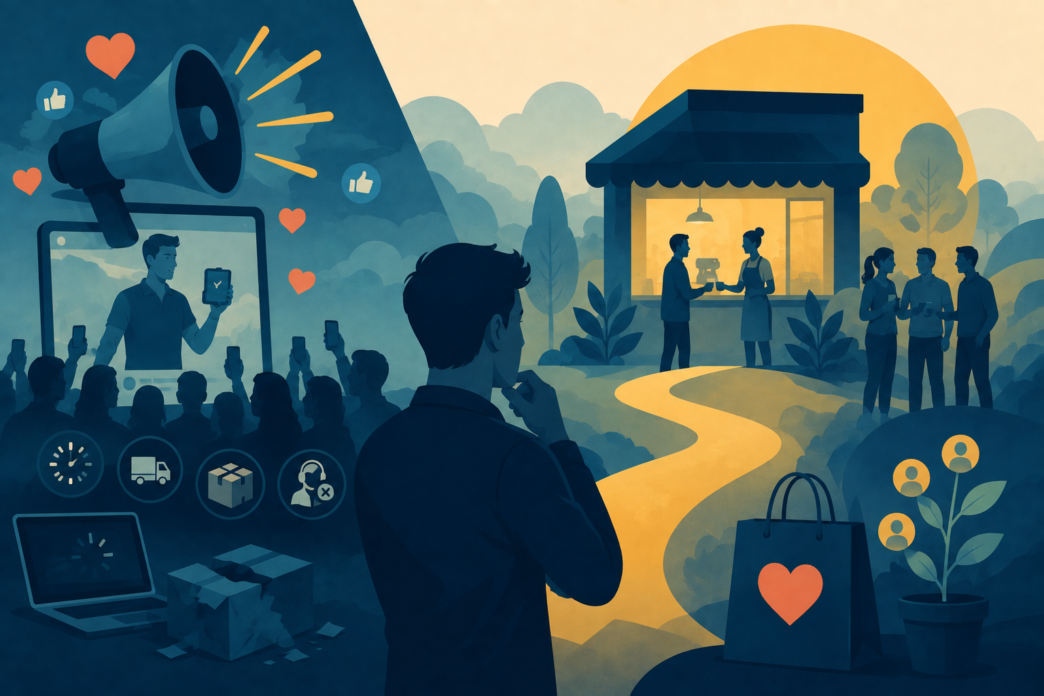 Illustration of a consumer evaluating a business, representing brand visibility and operational trust.