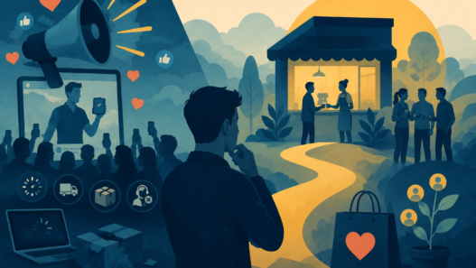 Illustration of a consumer evaluating a business, representing brand visibility and operational trust.