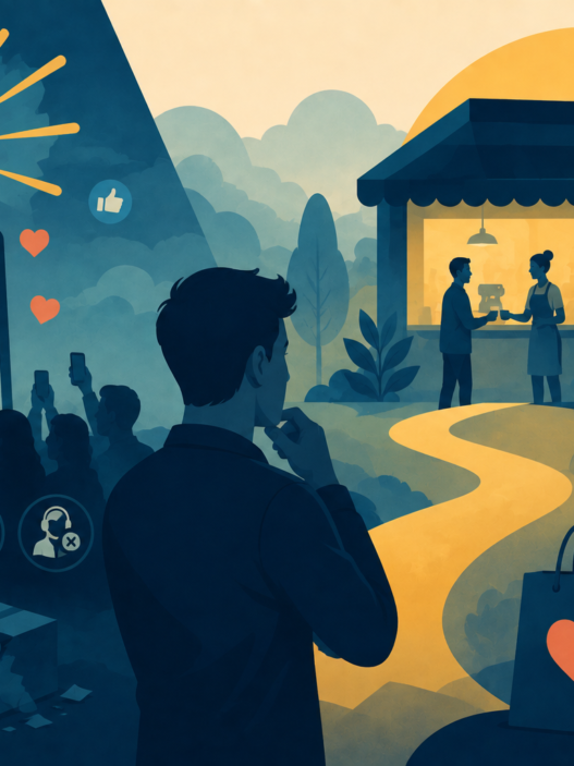 Illustration of a consumer evaluating a business, representing brand visibility and operational trust.