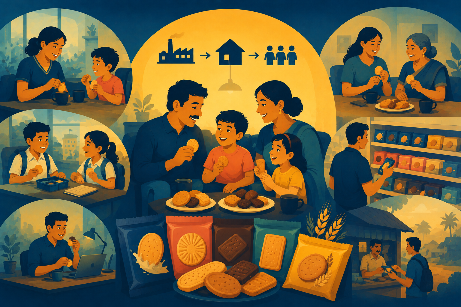 Illustration of a classic tea-time biscuit, representing Britannia branding and everyday consumer habits