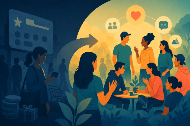 Illustration of consumers gathering together, representing community marketing and brand loyalty.