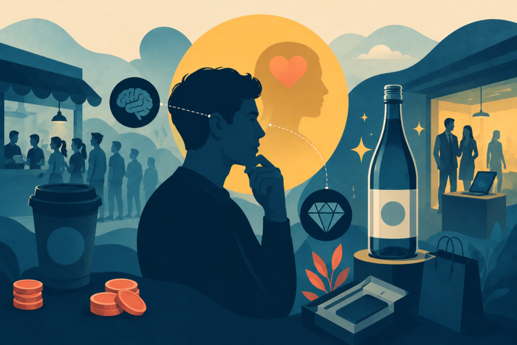 Illustration of a consumer making a purchasing decision, representing brand perception and competitive advantage.