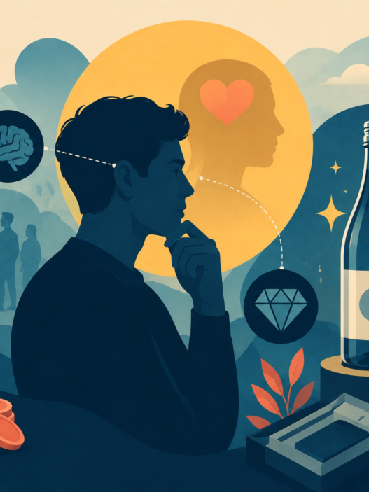 Illustration of a consumer making a purchasing decision, representing brand perception and competitive advantage.