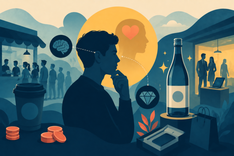 Illustration of a consumer making a purchasing decision, representing brand perception and competitive advantage.