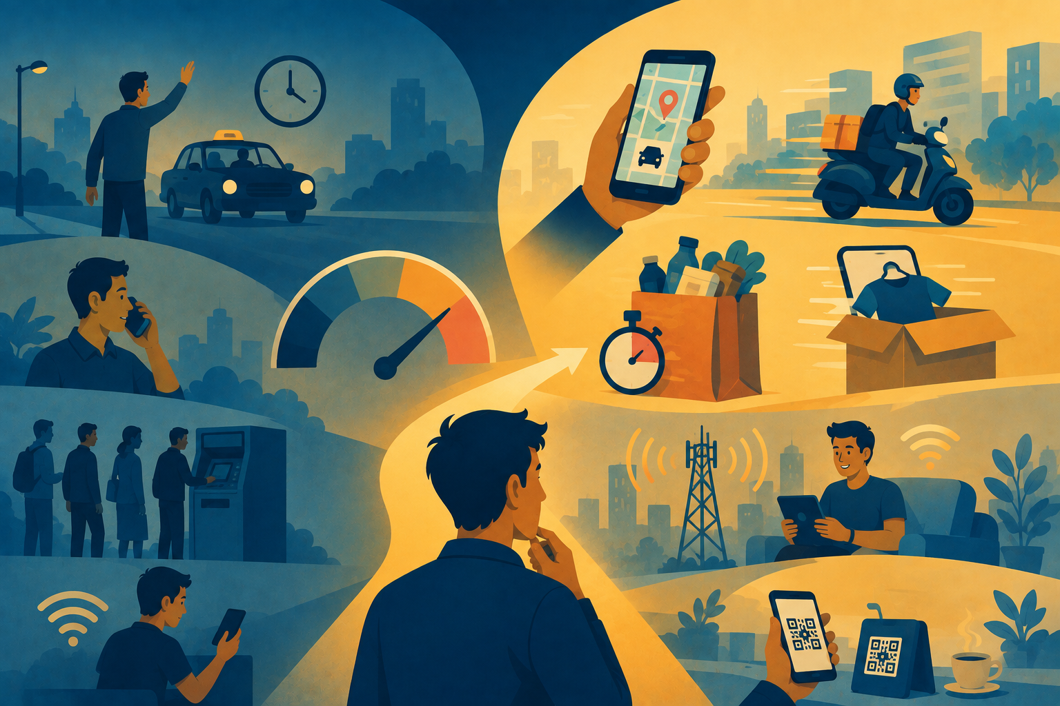 Illustration of a fast-paced retail environment, representing how consumer expectations reset after innovation