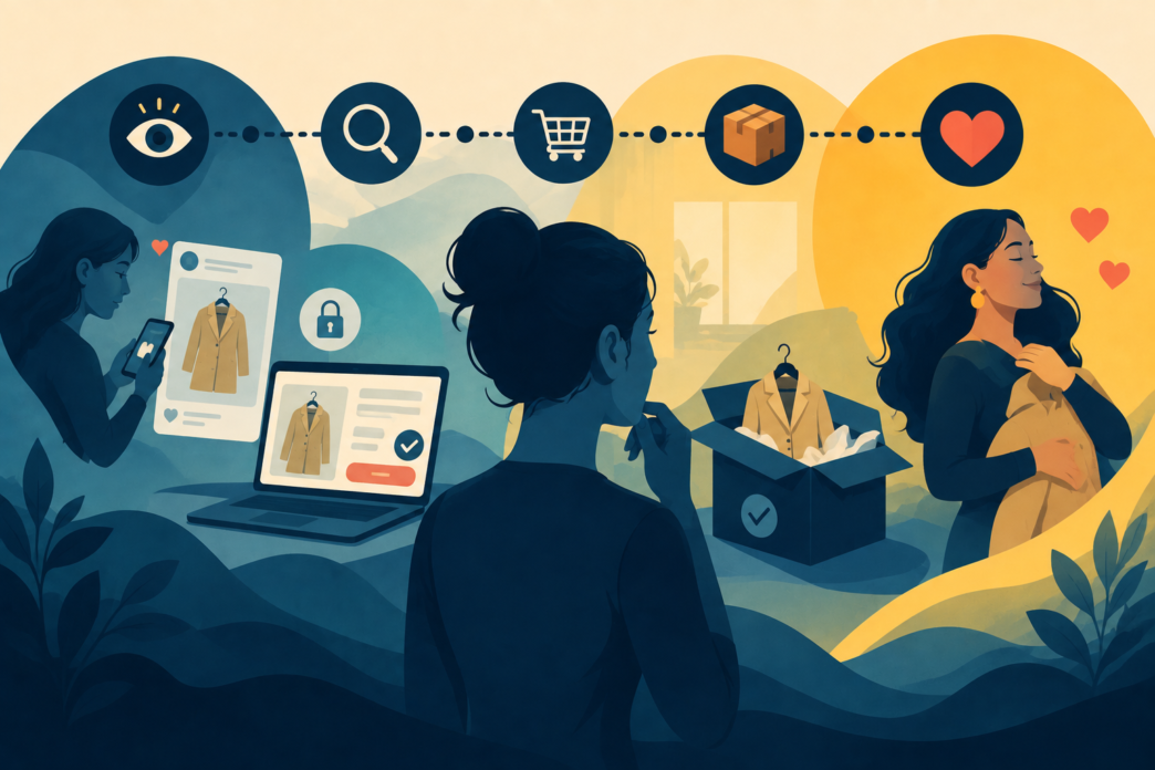 Illustration of a consumer interacting with a brand, representing early customer retention and honest marketing.