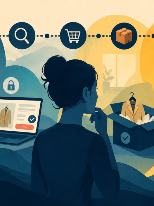 Illustration of a consumer interacting with a brand, representing early customer retention and honest marketing.