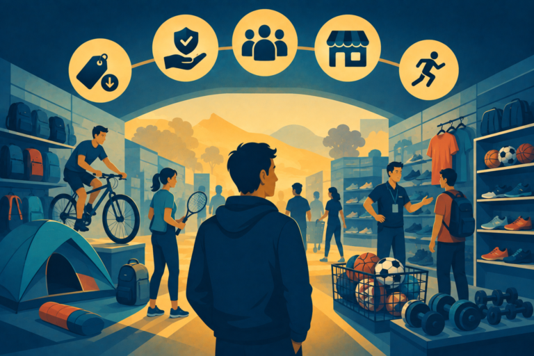 Illustration of an open sports retail store where customers test equipment, representing Decathlon branding and value positioning