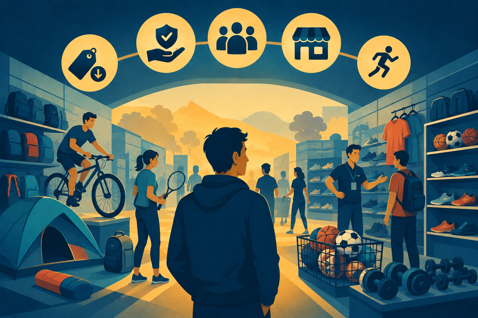 Illustration of an open sports retail store where customers test equipment, representing Decathlon branding and value positioning