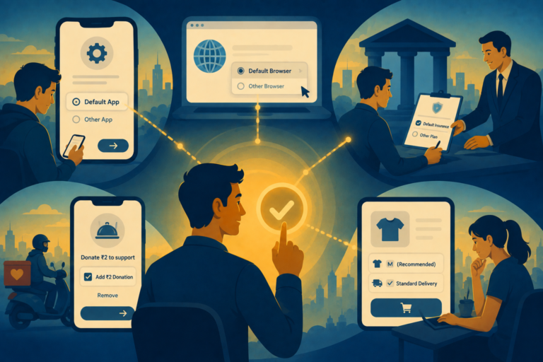 Illustration of a consumer clicking a pre-selected option on a screen, representing default bias and brand preference