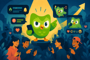 Illustration of a green owl mascot, representing the Duolingo brand