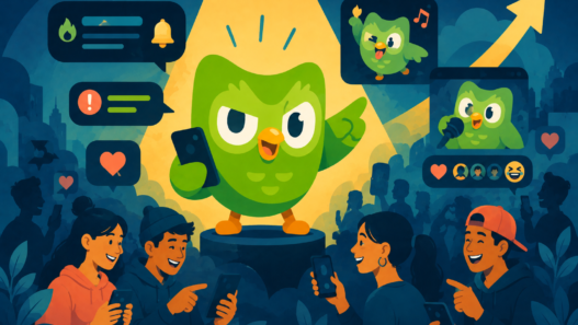 Illustration of a green owl mascot, representing the Duolingo brand