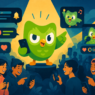 Illustration of a green owl mascot, representing the Duolingo brand