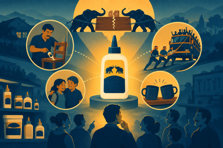 Illustration of classic Indian advertising imagery representing Fevicol branding and category ownership