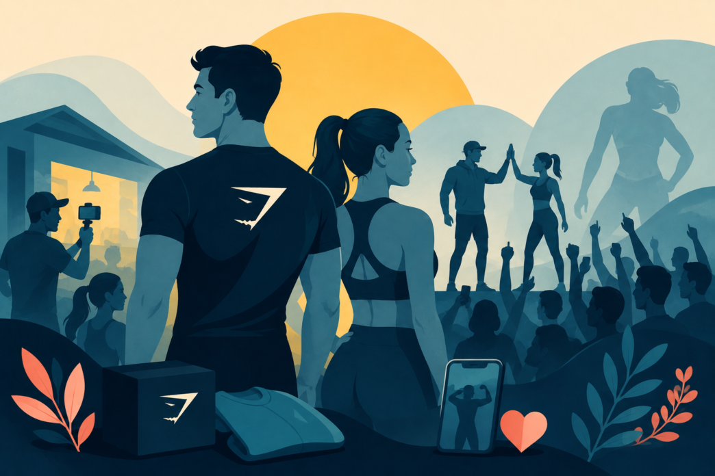 Stylized illustration of a fitness community representing Gymshark branding and modern consumer loyalty.