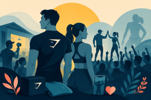 Stylized illustration of a fitness community representing Gymshark branding and modern consumer loyalty.