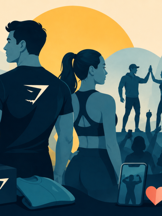 Stylized illustration of a fitness community representing Gymshark branding and modern consumer loyalty.