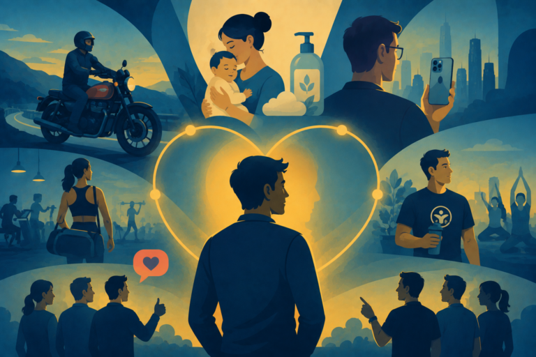 Illustration of a consumer choosing a product that matches their personal values, representing identity marketing and emotional loyalty