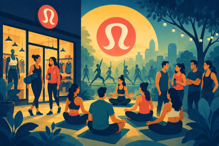 Illustration of a community yoga class inside a retail store, representing Lululemon branding and grassroots marketing