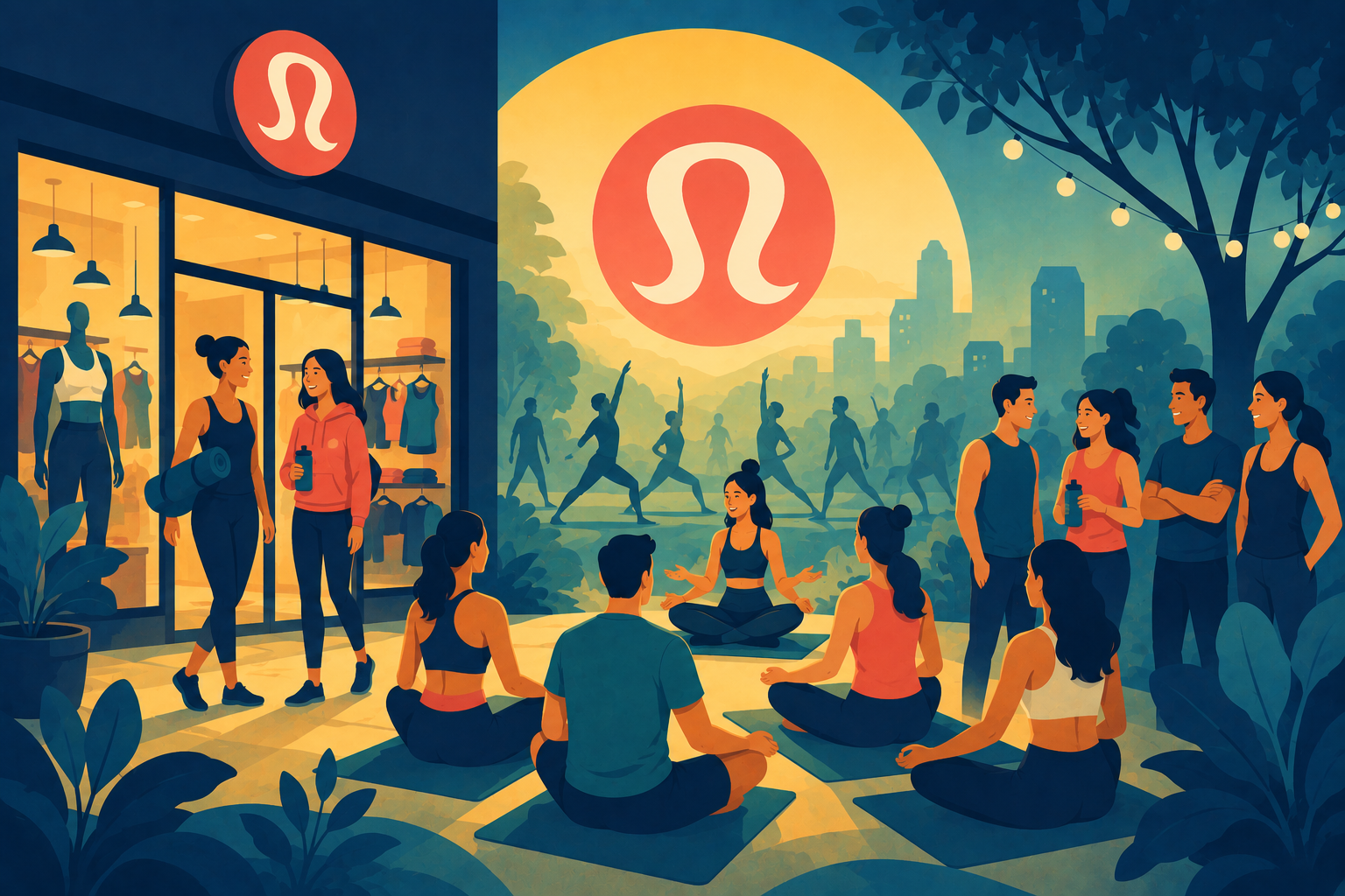 Illustration of a community yoga class inside a retail store, representing Lululemon branding and grassroots marketing