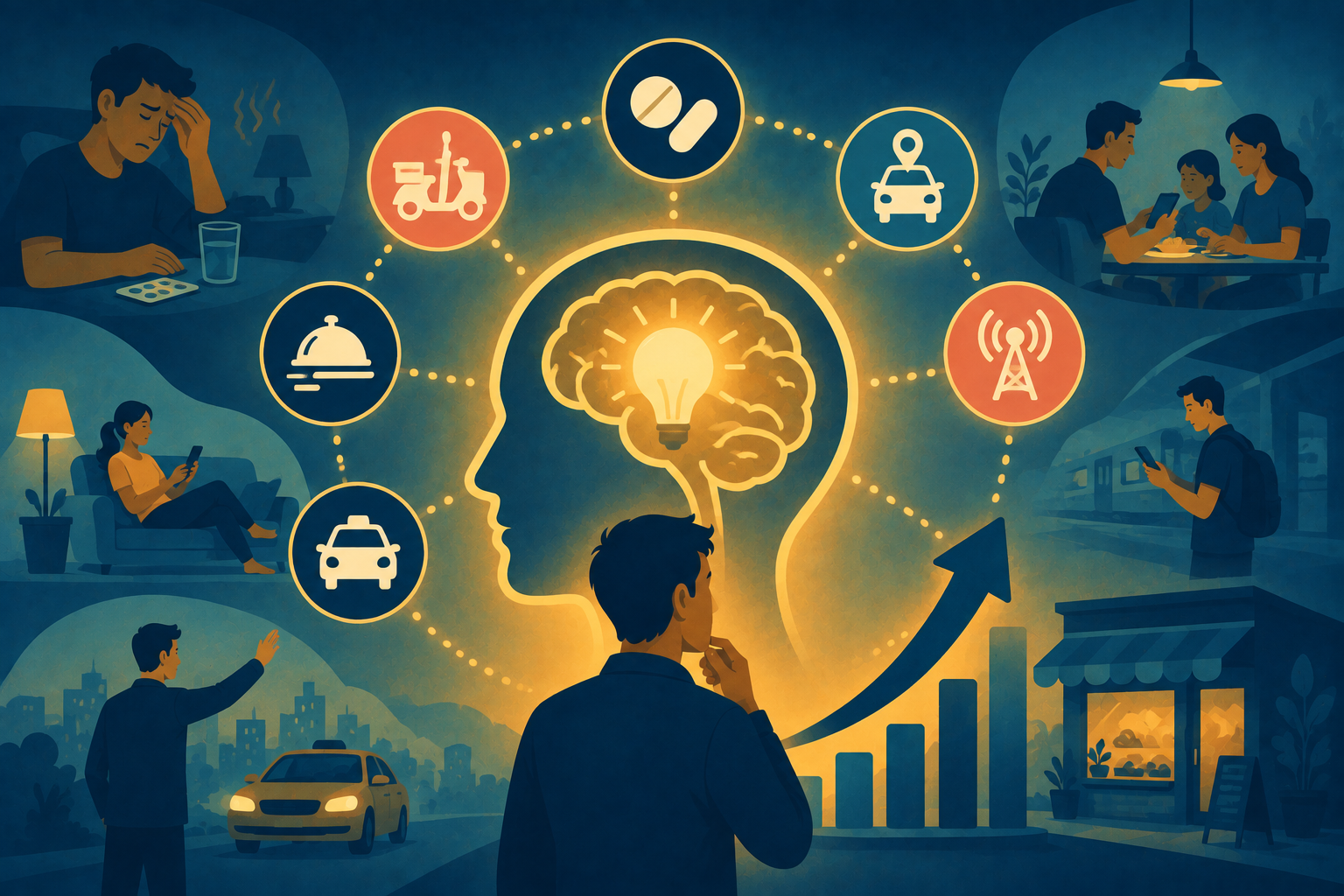 Illustration of a consumer instantly recalling a specific brand during a daily emergency, representing mental availability and brand growth