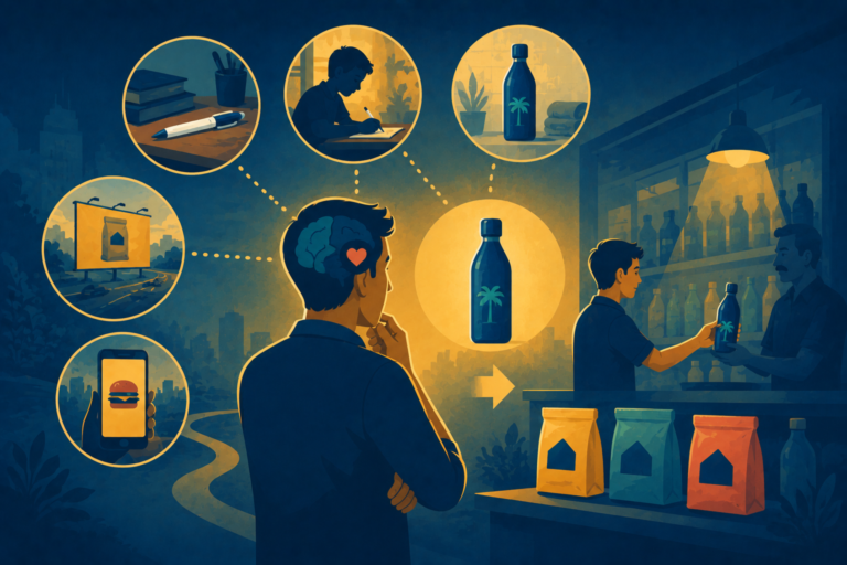 Illustration of a consumer instinctively reaching for a familiar blue hair oil bottle, representing mere exposure and brand trust