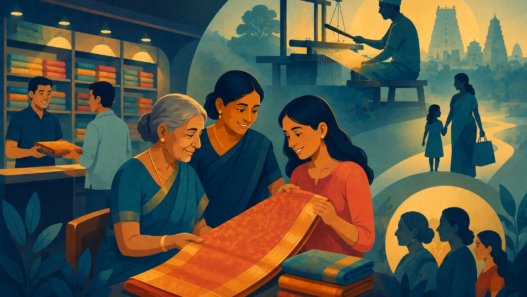 Illustration of a traditional Kanchipuram silk saree, representing Nalli branding and heritage retail trust.