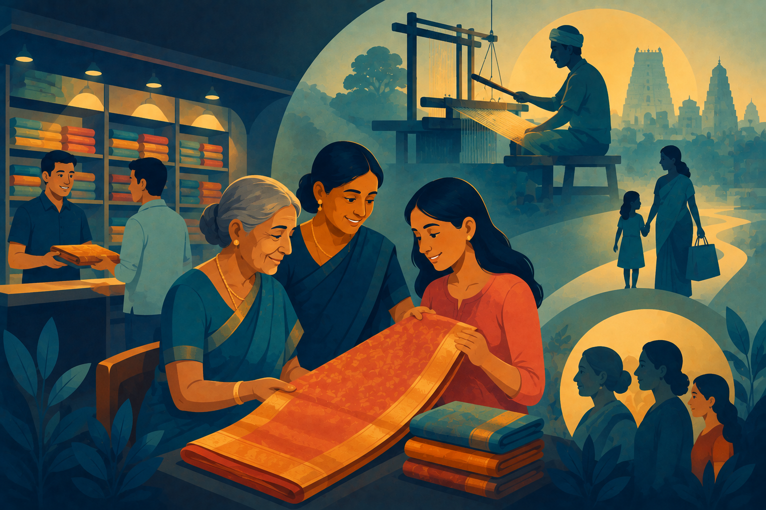 Illustration of a traditional Kanchipuram silk saree, representing Nalli branding and heritage retail trust.