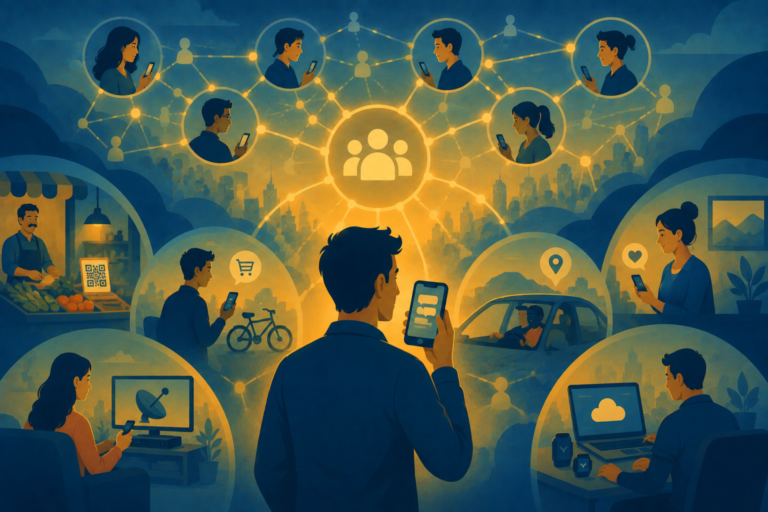 Illustration of a connected digital network, representing how Network Effects strengthen modern brand loyalty