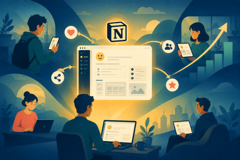 Illustration of a clean, minimalist digital dashboard, representing Notion branding and product-led growth