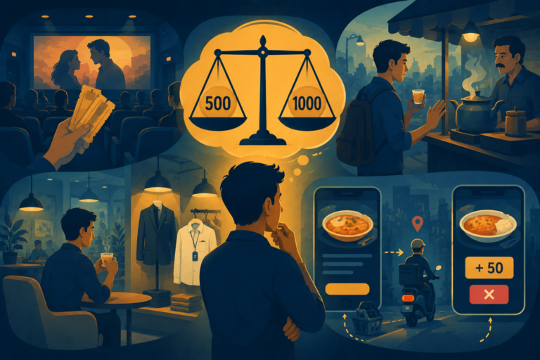 Illustration of a consumer comparing product prices in different environments, representing price perception and consumer behaviour