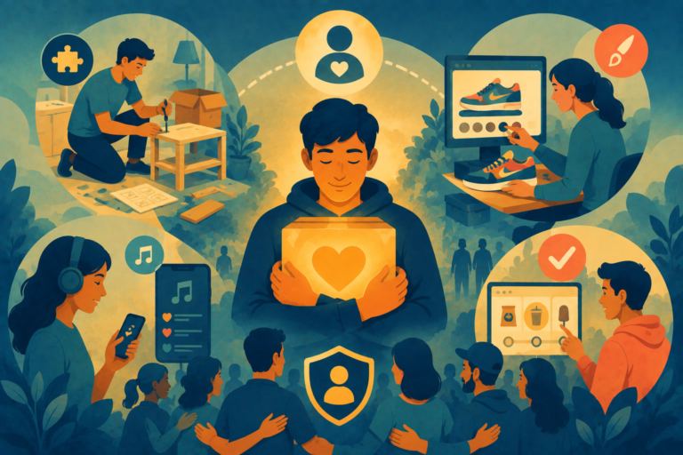 Illustration of a customer building their own product, representing psychological ownership and brand loyalty
