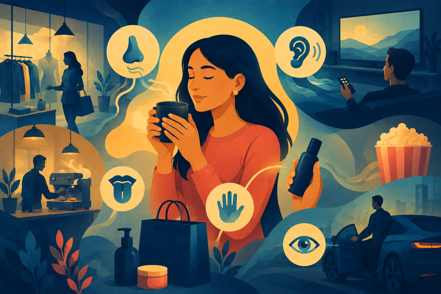 Illustration of a customer engaging multiple senses, representing sensory branding and consumer psychology