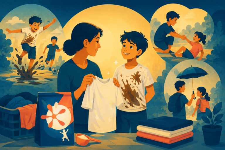 Illustration of a young child playing in the mud, representing Surf Excel and emotional brand messaging