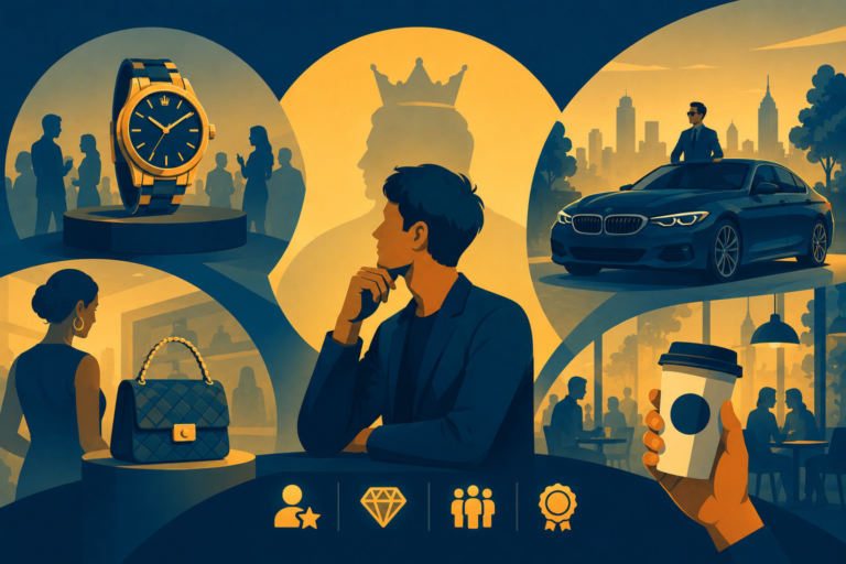 Illustration of a luxury watch and a premium coffee cup, representing symbolic value and status-driven consumer behavior