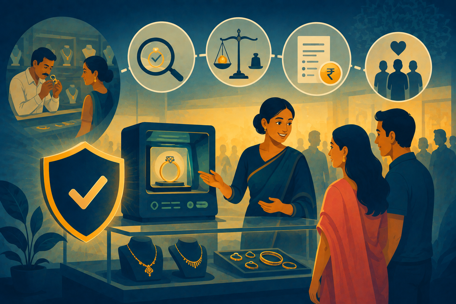Illustration of a jewelry store purity check, representing Tanishq branding and transparent consumer trust
