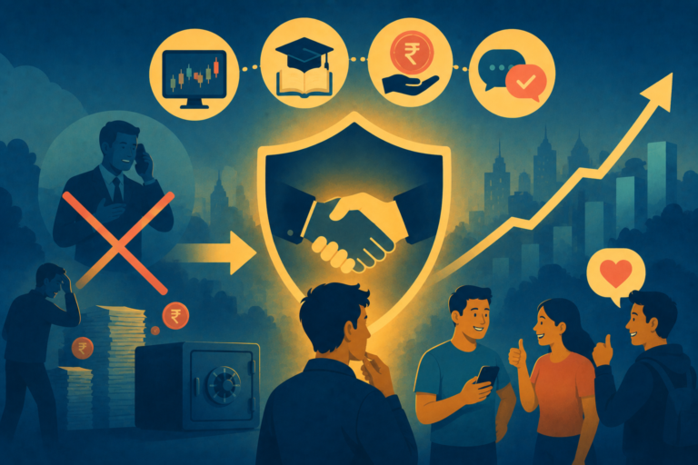 llustration of clean, transparent financial technology, representing Zerodha branding and trust-led growth