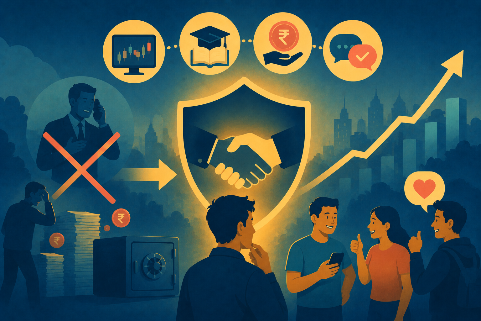 llustration of clean, transparent financial technology, representing Zerodha branding and trust-led growth